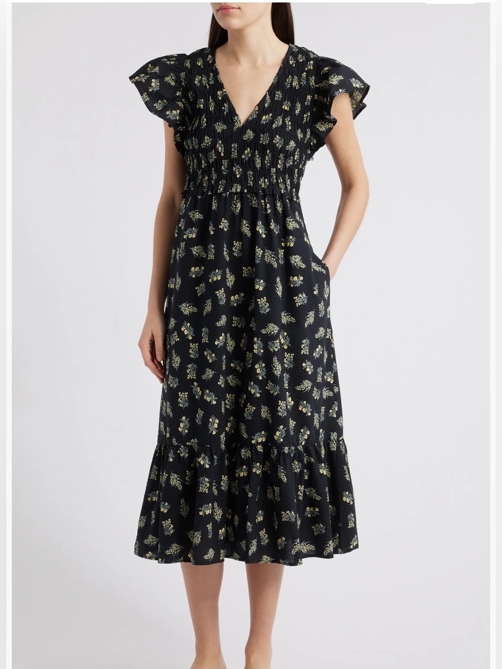 RAILS Clementine Floral Dark Amaryllis Smocked
Cotton Midi Dress  SZ XXS